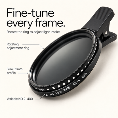 Nuvala Shade: Clip-On Variable ND Filter for Phone Cameras