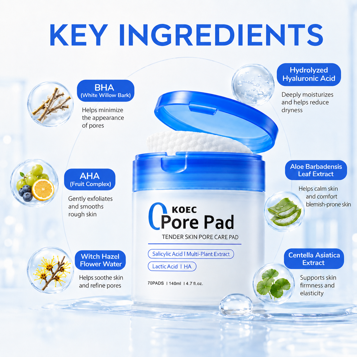 KOEC Pore Pad: Pore Refining Face Pads, 70 Pads | Nuvala