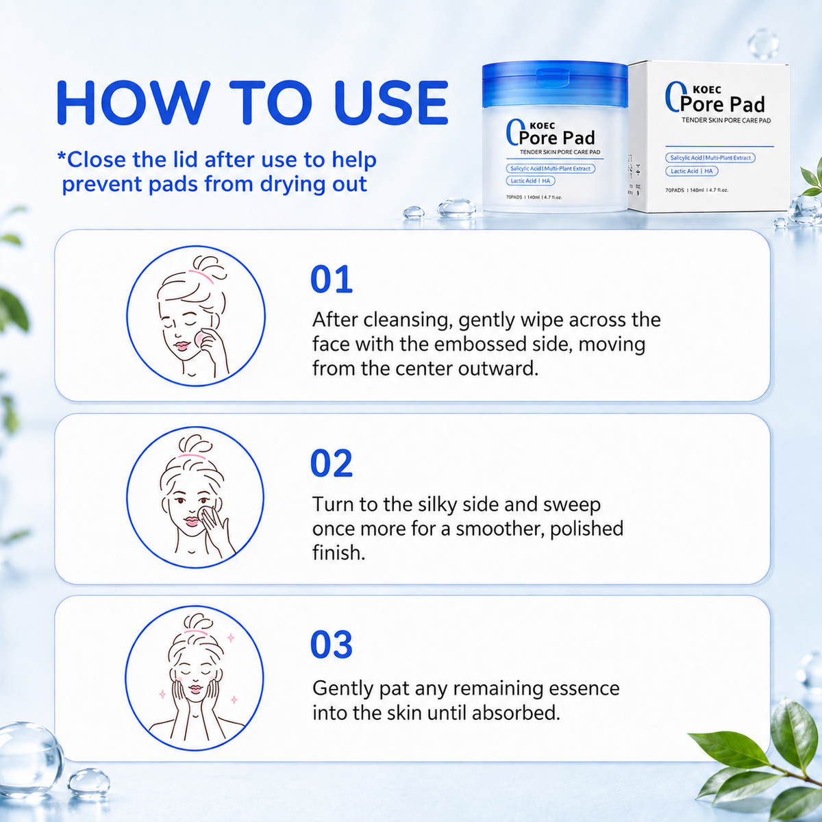 KOEC Pore Pad: Pore Refining Face Pads, 70 Pads | Nuvala