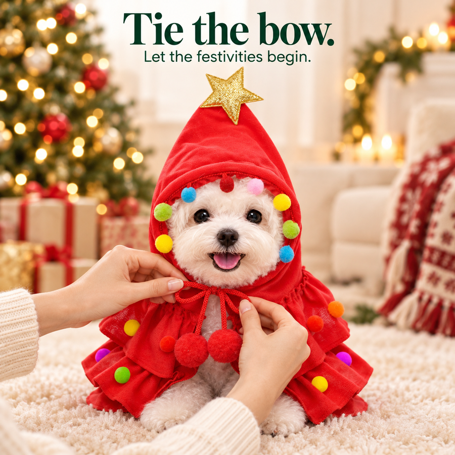 Pet wearing the Christmas tree cape